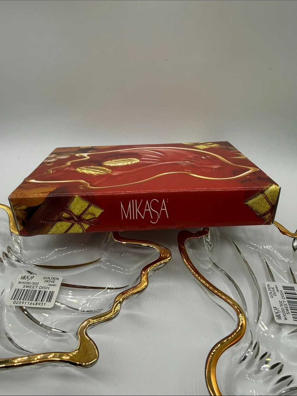 NWT Vintage Mikasa Clear Glass Dove Dishes with Gold Trim - Set of 2
